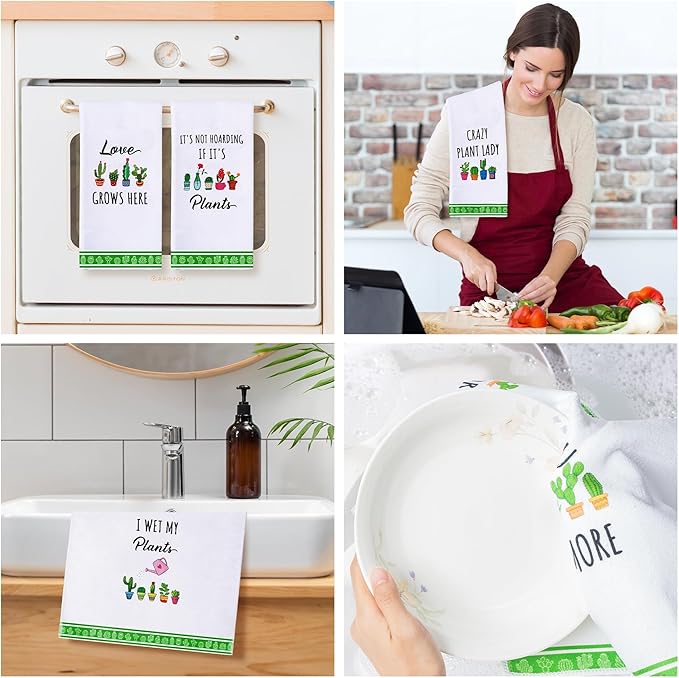 R HORSE 5Pcs Funny Kitchen Towels - Succulent Cactus Plant Kitchen Dishcloth Green Theme Absorbent Cleaning Dishcloth Bar Hilarious Hand Towel Gift for Housewarming Plant Lover Lady Women