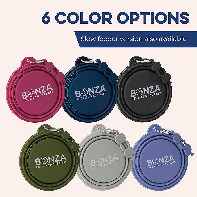 Bonza Collapsible Dog Bowls - Medium 25 oz, Dog Travel Accessories, Silicone Portable Dogs Bowl & Water Dish with Reinforced Rim & Carabiner for Hiking, Camping, and Car Trips, Light Gray
