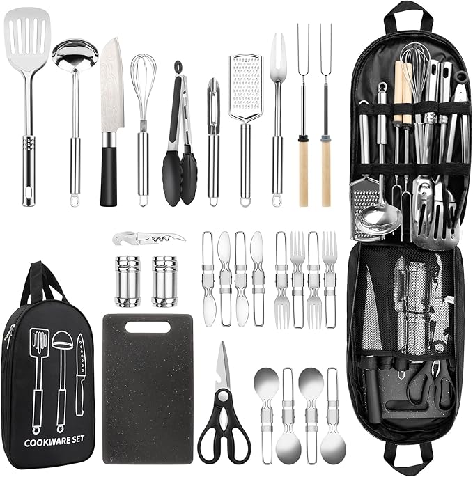 Camping Cooking Utensils Set, Stainless Steel Grill Tools, Camping BBQ Cookware Gear and Equipment for Travel Tenting RV Van Picnic Portable Kitchen Essentials Accessories