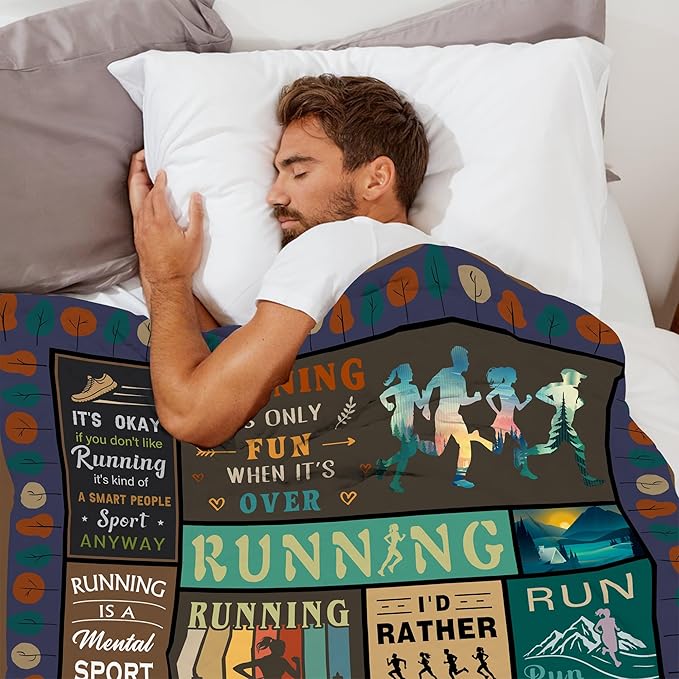 Running Gifts for Women/Men Blanket 50"X60", Cool Sports Theme Birthday Gifts for Runners, Cross Country/Marathon Presents, Track and Field Running Accessories for Her/Him Present Throw