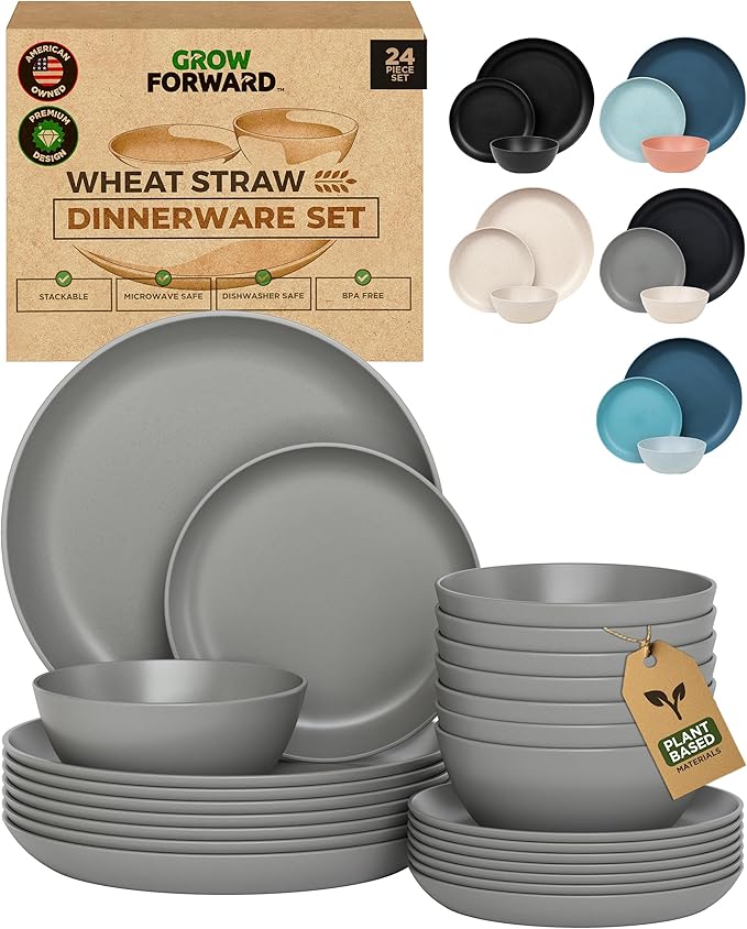 Grow Forward 24-piece Premium Wheat Straw Dinnerware Sets for 8 - Dinner Plates, Dessert Plates, Cereal Bowls - Unbreakable Microwave Safe Plastic Plates and Bowls Sets, RV, Kitchen Dishes - Feather