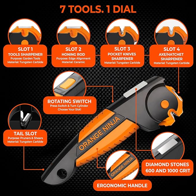 Orange Ninja 7-in-1 Garden Tool & Knife Sharpener – Sharpens Axe, Hatchet, Machete, Pruner & Shears – One Tool for All Your Outdoor Blades – Gift for Gardeners