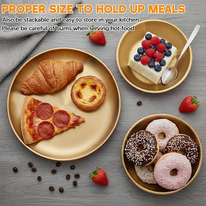 8 Pieces 304 Stainless Steel Plates and Bowls Sets - 9 Inch Metal Camping Plates Reusable 20oz Steel Snack Bowls Feeding Serving Dinner Dishes Double Insulated for Adult Girls Boys (Gold)