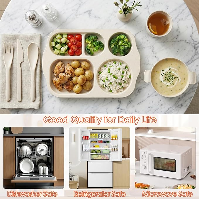 24 PCS Wheat Straw Dinnerware Set for Kids Divided Plates Bowls Cup Cutlery Sets, Reusable Tableware Set Microwave Dishwasher Safe for School Party, Camping, Home