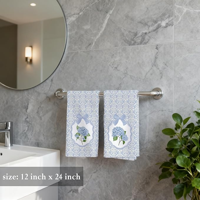 Blue and White Porcelain Chinoiserie Kitchen Towels 16x24 Set of 2, Blue Hydrangea Floral Dish Towels Tea Towels for Kitchen, Chinoiserie Decor Hand Towels for Bathroom, Grand Millenial Decor