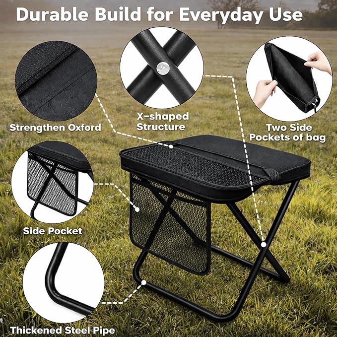 Foldable Stool with Carrying Bag,Compact Folding Chair with Shoulder Strap, Lightweight Outdoor Seat for Fishing, Camping, Hiking, Garden, Beach, Sports Games, Festivals (Black)