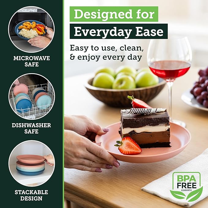 Grow Forward Premium Wheat Straw Plates - 8 Inch Reusable Hard Plastic Dinner Plates Set of 8 - Unbreakable Microwave Safe Plates for Dessert, Camping, RV, Outdoors, Patio, Kitchen Dishes - Tropical
