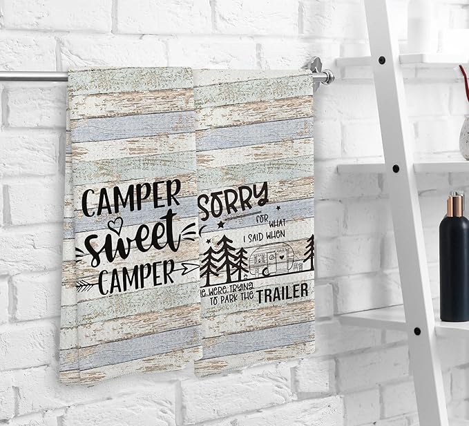 Camper Sweet Camper Camping Kitchen Towels and Dishcloths Sets of 2,Campsite Cabin RV Absorbent Drying Cloth Hand Towels Tea Towels for Bathroom Kitchen,Gifts for Campers Camping Lovers,16×24 inches