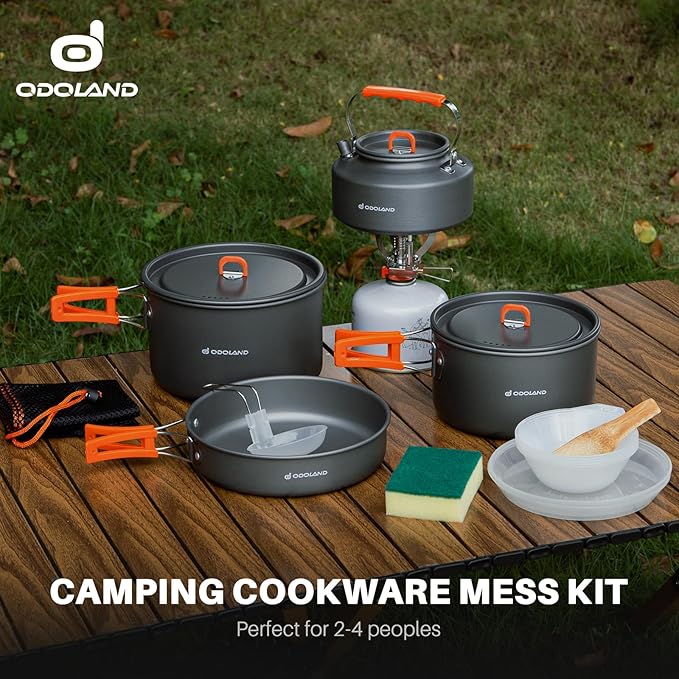 Odoland 15pcs Camping Cookware Non-Stick Lightweight Camping Pots and Pans Set with Kettle Plastic Plates Bowls Soup Spoon for Camping, Backpacking, Outdoor Cooking and Picnic