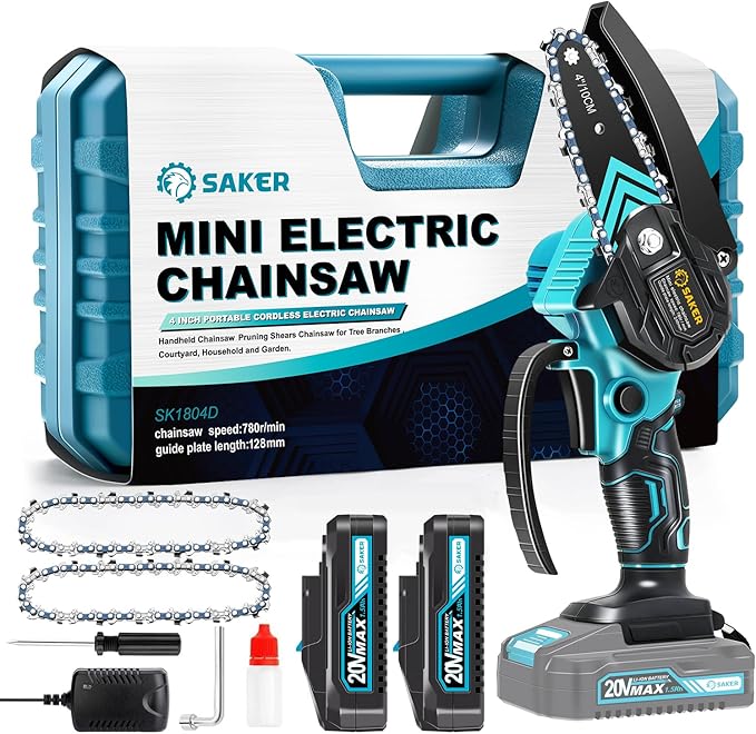 Saker Mini Chainsaw,Portable Electric Cordless Chainsaw,Battery Powered,Small Power Handheld Chain Saws Pruning Shears for Tree Branches,Father Day Gift for Men Women(2 Batteries&3 Chains)