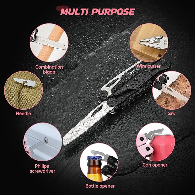 SIUPRO Multitool Pocket Knife for Men, Women, Tactical Multi Tool with Pliers, Saw, Screwdriver, All Self-Locking, Survival Gear With Clip and Pouch for Camping, Gifts Idea, Pink