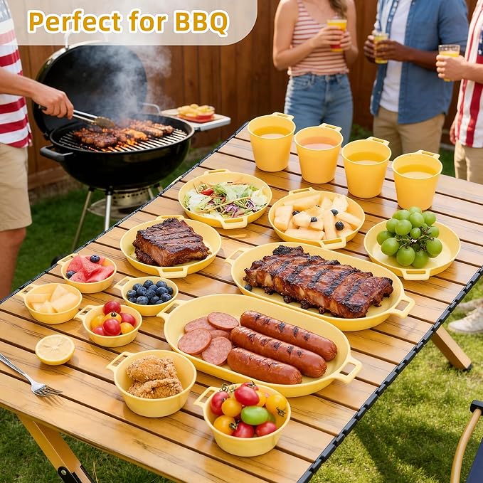 Dinnerware Set for 4, 21-Piece Reusable Plates and Bowls Set with Mesh Bag, Cups, Sauce Dishes and Serving Platters, Lightweight Outdoor Dish Set for Picnic, RV, Patio, BBQ, Sage Green