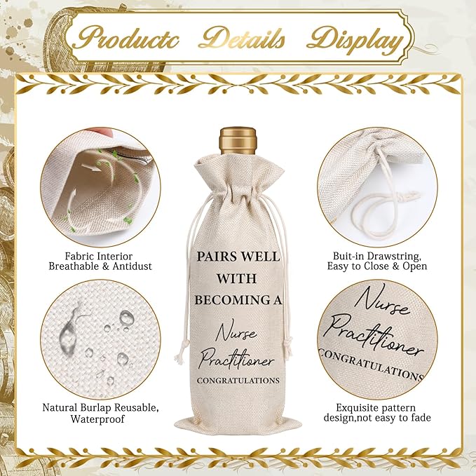 Wxiben Nurse Practitioner Gifts for Women - Nurses Graduation Gift Wine Bag Nurse Week Gift Nurses Appreciation Gifts Soft Burlap Wine Gift Bags for Nursing School Doctor Nurse Practitioner