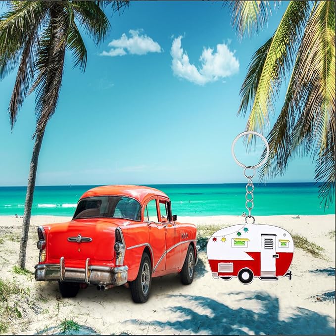 2 Pack Camper Keychain Set Happy RV Camper Keyring Couples Camping Accessories for Men Women Travel Trailers