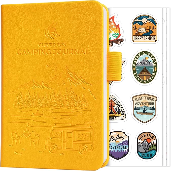 Clever Fox Camping Journal Pocket – Camping Log Book & Outdoor Adventure Journal – RV Travel Log Book – Gifts, Accessories & RV Essentials for Travel Trailers, 14 Trips, 3.7x5.7” (Amber Yellow)