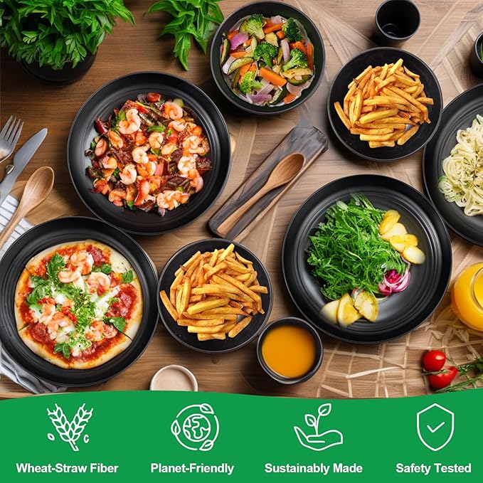 LIYH 16 Pcs Black Wheat Straw Dinnerware Set - Unbreakable Plates and Bowls Sets, Dish Sets for 4, Black Plastic Dinnerware Set Include Wheat Straw Dinner Plates Bowls Cups Kitchen & Camping