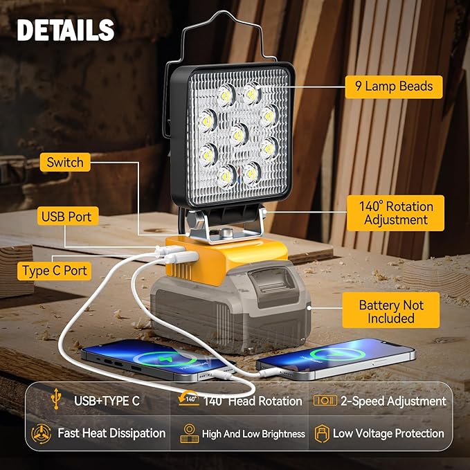 Ecarke LED Work Light Compatible with DEWALT 20V, 140° Pivoting Head Flashlight, 70W 7000Lumens, Cordless LED Flood Light, with USB and Type-C Charging Port for Outdoor No Battery