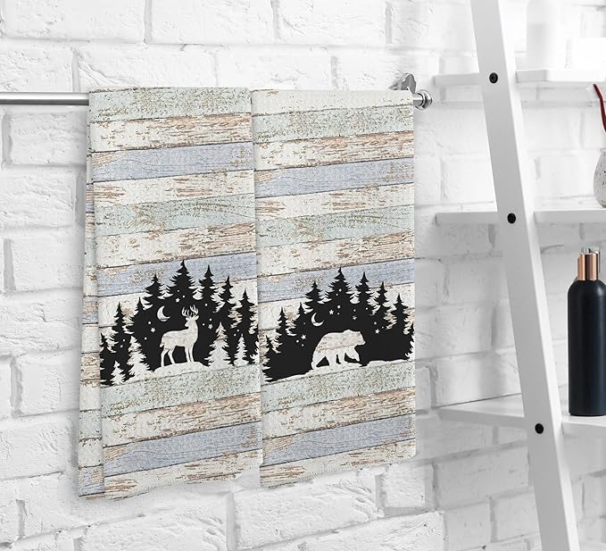Wild Animal Deer Moose Bear Forest Camping Kitchen Towels and Dishcloths Sets of 2,Campsite Cabin RV Drying Cloth Hand Towels Tea Towels for Bathroom Kitchen,Campers Camping Lovers Gifts,16×24 inches