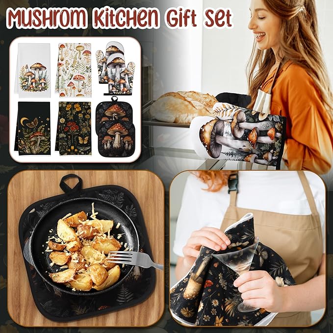 Hahafelt 8 Pcs Kitchen Gift Dish Towel Pot Holder Oven Mitt Set 4 Tent Car Tea Towels with Funny Sayings Novelty 2 Oven Mitts 2 Pot Holders Accessories Decor for Rv Campers (Mushroom)