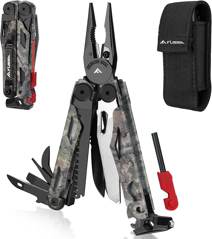 FLISSA Multitool, 18 in 1 Camo Multitool Pliers with Fire Starter, Window Breaker, Whistle, Stainless Steel EDC Gear with Sheath - Perfect for Survival, Simple Repair, Camping