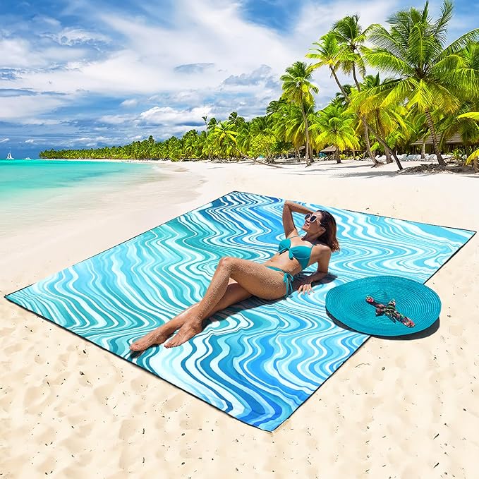 WIWIGO Beach Blanket Waterproof Sandproof Beach Mat 79" X 83"/10'x9'for 2-8 Adults Quick Drying Outdoor Picnic Mat Beach Accessories for Travel, Camping, Hiking