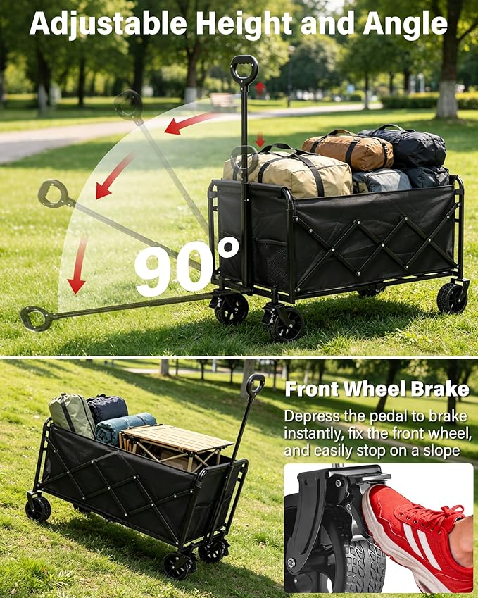 Collapsible Wagons Carts Foldable Wagon, 500LBS Wagon Cart Foldable Heavy Duty with Brakes & All-Terrain Wheels, Large Collapsible Folding Wagons for Beach Camp Sports Grocery, Portable (Black)