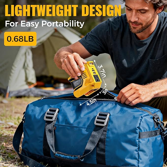 LIVOWALNY 200W-250W Power Inverter Compatible with DeWALT 20V Battery (Battery Not Included), DC 20V to AC 110V-120V Portable Power Inverter, 1 AC Outlet, 2 USB Ports & 1 Type-C Port, LED Work Light