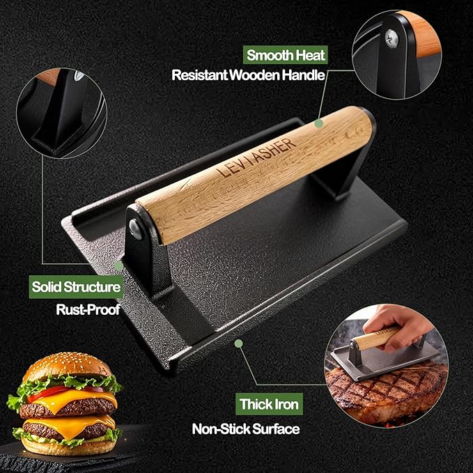 2.1lb Steak Weight & Burger Press, Grid Base, 7"X4" Rectangle Heavy Duty Cast Iron Grill Press with Wood Handle for Blackstone, Chef, Camp, Panini, Vegetable, Bacon, Sandwich, BBQ