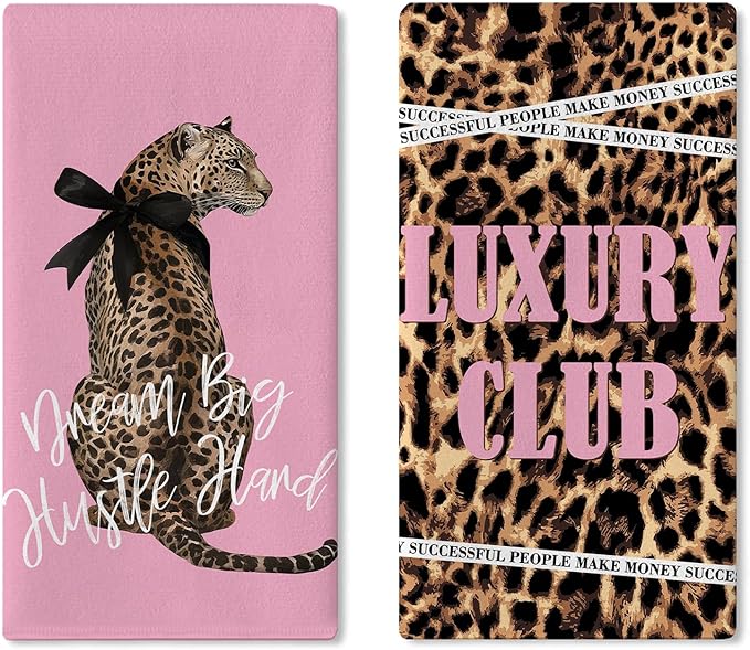 Leopard Print Pink Kitchen Dish Towels Set of 2, Inspirational Cheetah Dream Big Hustle Hard Girl Women Drying Hand Towel Baking Cooking Cloth, Luxury Club Bathroom Home Decoration 18'' x 26''