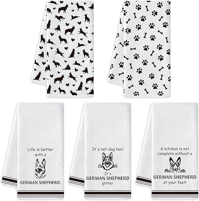 R HORSE German Shepherd Kitchen Dish Towel - 5Pcs Cute German Shepherd Cleaning Dishcloth Animal Dog Absorbent Bar Quick Dry Hand Towel Tea Towels for Dog Lovers Bathroom Kitchen Home Decors
