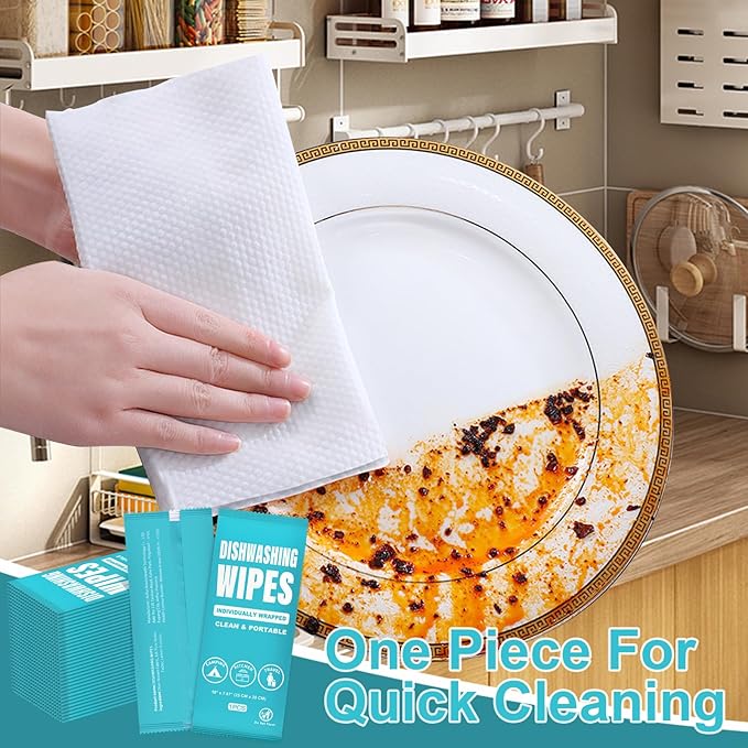 Dish Cleaning Wipes Individually Wrapped, Portable Kitchen Disposable Dish Soap Wipes Bulk Travel Size Quick Cleaning Dishwashing Pads for Outdoor Traveling/Camping/Hotel (50 Pcs)