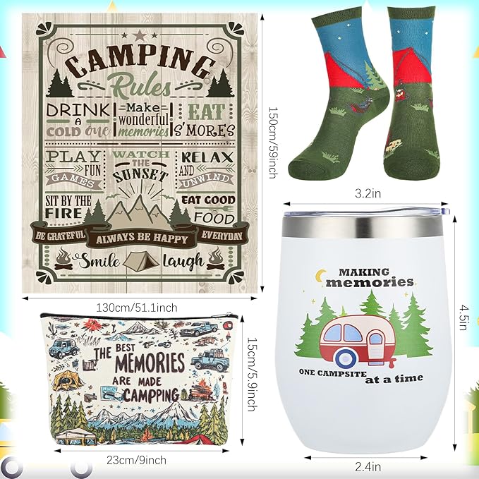 Patelai 4 Pcs Camping Gifts Set for Women & Men - Includes Tumblers, Throw Blanket, Socks, Toiletry Bag RV Gifts for Happy Camper Outdoor, Picnics, Hiking, RV Trips, Camping Accessories