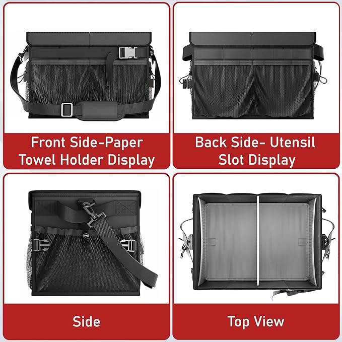 FANGSUN Black Grill Caddy, BBQ Organizer with Lid & Paper Towel Holder, Picnic Griddle Caddy for Outdoor Camping, Barbecue Accessories Organizer, 32L Capacity, Black