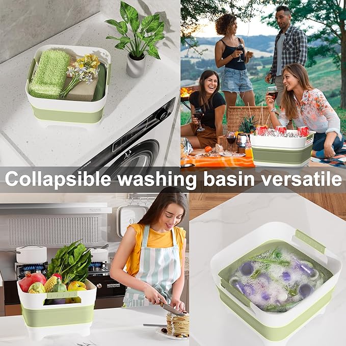 MontNorth 2.4 Gal Collapsbile Wash Basin with Drian Plug,9L Dish Pan for Soaking Baby Bottles,Portable Sink, Multiuse Foldable Bucket,Ice Beverage Tubs for Camping, Vegetable Washing, RV (Green)