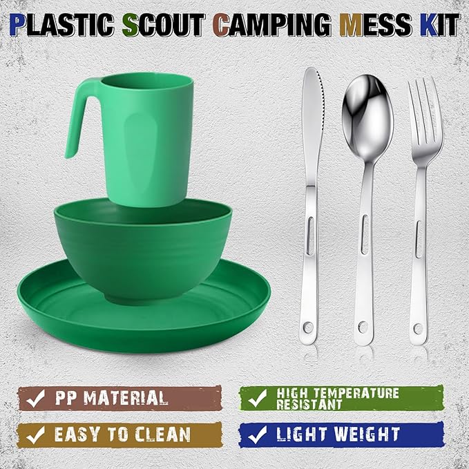Scout Camping Mess Kit for Person Boy Scout Dishes Set Girl Scout Mess Kit with Mesh Bag Reusable Light Weight Eating Utensils Plastic Camping Cutlery Set for Travel Camp