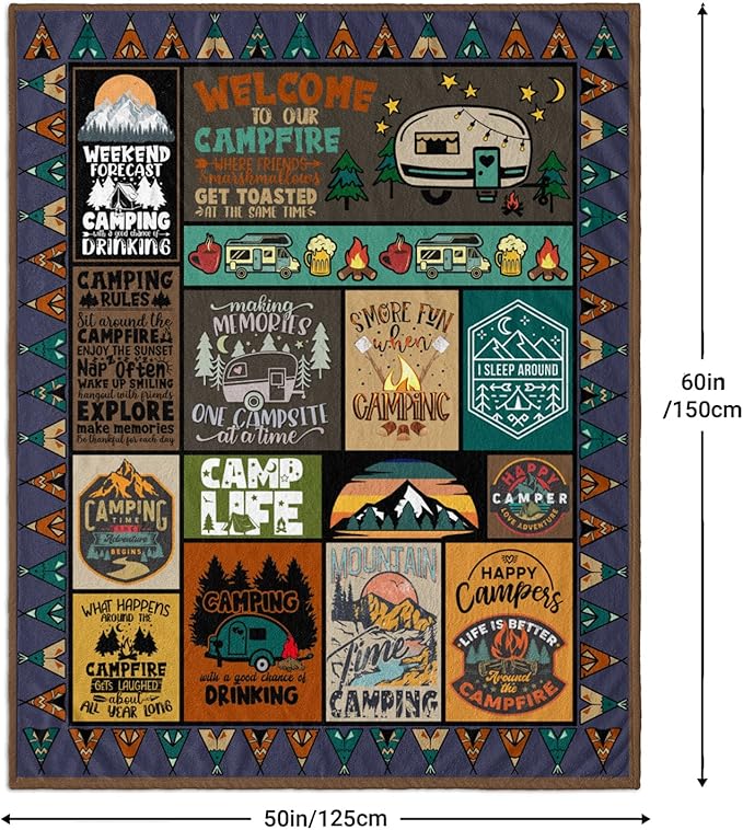 Camping Blanket Camping Lovers Gift Ideas for Men or Woman, Super Soft Throws Flannel Fleece Blankets Gifts for Camper Outdoor, Campsite Outdoors RV Travel Hiking Bed Sofa Couch 60"x50"