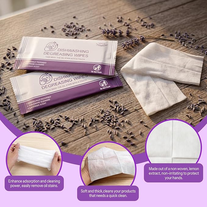 Dish Wipes for Camping Individually Wrapped Dish Cleaning Wipes Travel Lavender Scent 7.7”x 7.3” Disposable for Kitchen Outdoor Traveling RV Quick Clean (Pack of 500)