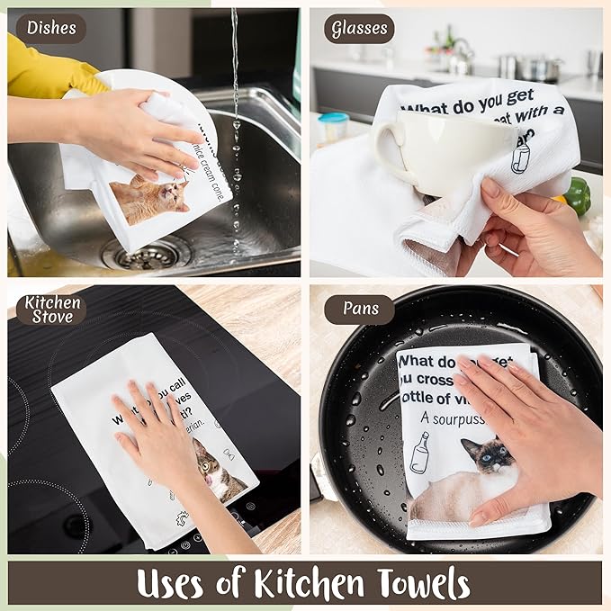 R HORSE 5Pcs Cats Kitchen Towels Set - Funny Cat Pun Jokes Absorbent Quick Dry Cloth Dish Tea Towels Reusable Bar Hand Dishcloths Decor for Cat Lovers Bathroom Kitchen Home Supplies Housewarming Gifts