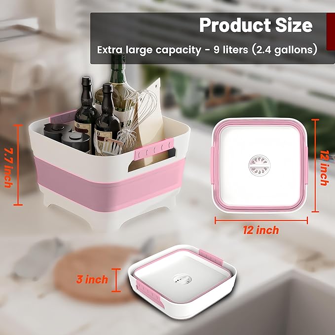 MontNorth 2.4 Gal Collapsbile Wash Basin with Drian Plug,9L Dish Pan for Soaking Baby Bottles,Portable Sink, Multiuse Foldable Bucket,Ice Beverage Tubs for Camping, Vegetable Washing, RV (Pink)