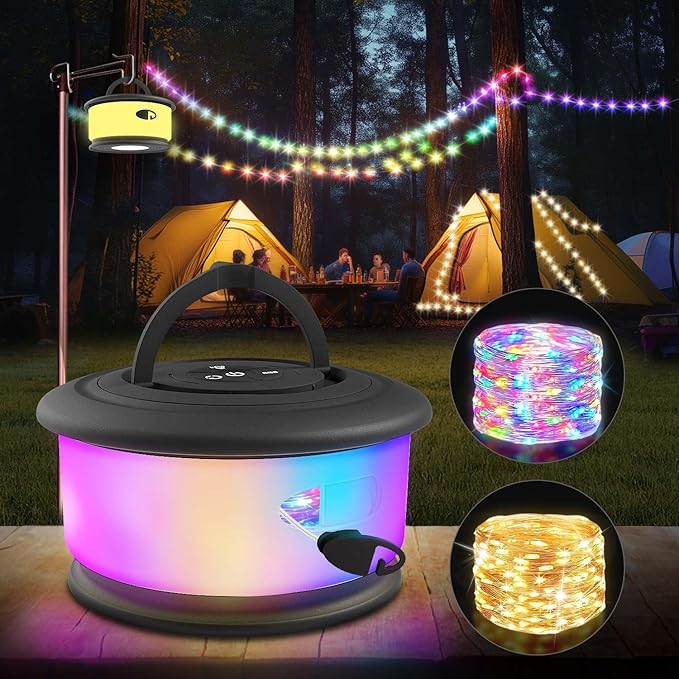 Camping String Lights,2 in 1 Upgraded 32.8FT Rechargeable Tent Lights String with 19 Lighting Modes,Quick Storage camping lights，Portable LED Lamp for Bedroom Yard Decor Christmas Camping(Black)