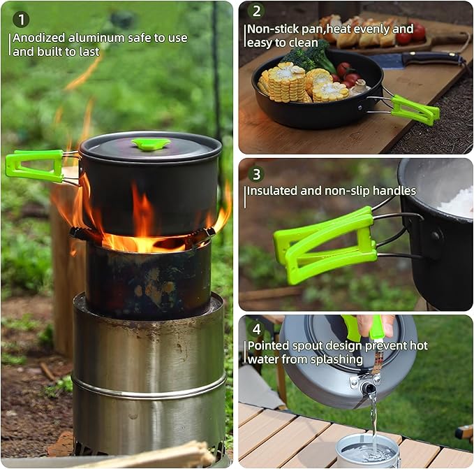 aiGear 3pcs Camping Cooking Set for 1-2 People, Lightweight Foldable Pot Pan Kettle with Storage Bag, Backpacking Cooking Set for Hiking Picnic Camping