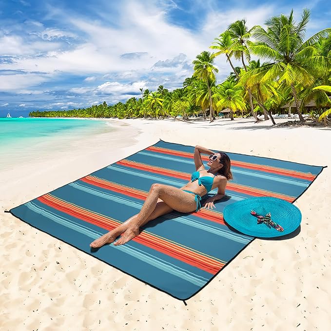 WIWIGO Beach Blanket Waterproof Sandproof Beach Mat 79" X 83"/10'x9'for 2-8 Adults Quick Drying Outdoor Picnic Mat Beach Accessories for Travel, Camping, Hiking