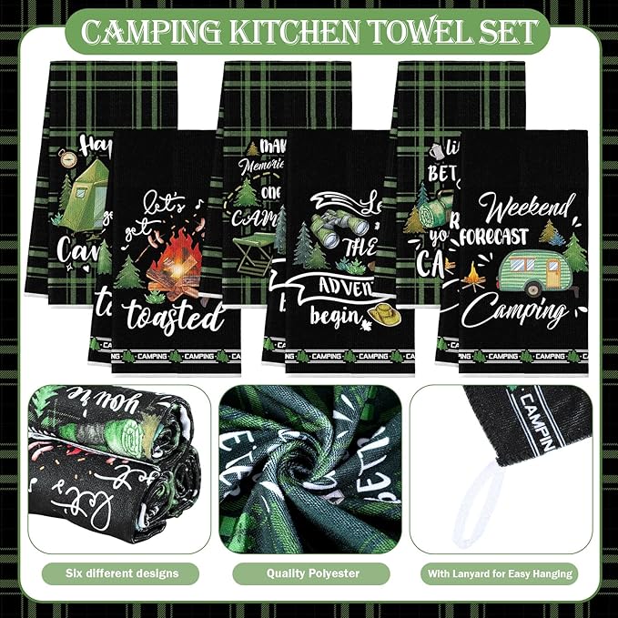 Redbaker 6 Pcs Camping Kitchen Towels Bonfire Tent Car Dishcloth Outdoors Happy Camper Hand Tea Towels Decorative Set Absorbent Camping Decor with Hanging Loop for Camper Gifts RV Accessories(Black)