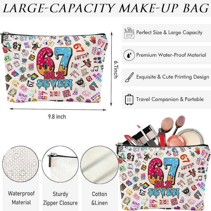 Six Seven Gifts for Women Makeup Bag, Funny 6 7 Cosmetic Bag & Travel Toiletry Pouch, Viral Meme Gifts, Cute Makeup Pouch for Party Favors & Unique Birthday Gifts