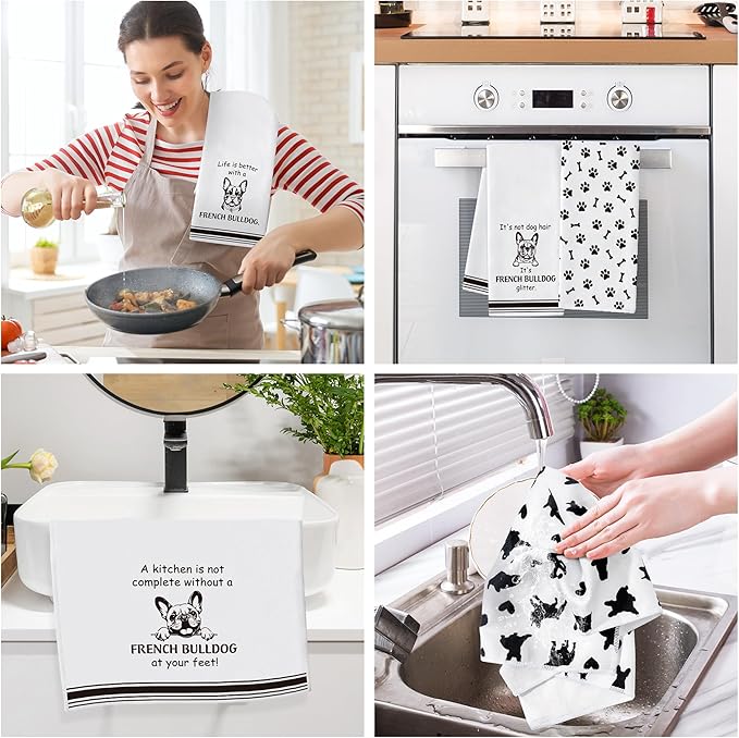 French Bulldog Kitchen Dish Towel - 5Pcs Cute French Bulldog Cleaning Dishcloth Puppy Dog Absorbent Bar Quick Dry Hand Towel Tea Towels for Housewarming Birthday Xmas Gift Bathroom Kitchen Home Decors
