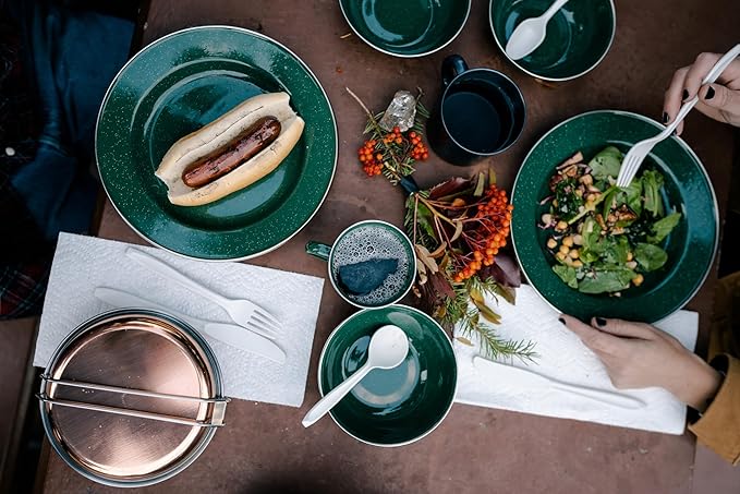 Stansport Deluxe 24-Piece Enamel Tableware Set - Enamel Plates and Bowls Lightweight and Durable Camp Dish Set for Camping and Backpacking Plates and Bowls for 4 People