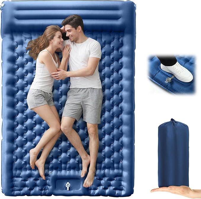 Camping Sleeping Pad, 5.1" Extra-Thick Camping Mattress with Pillow, Built-in Foot Pump Ultralight Inflatable Sleeping Pads for Camping Hiking Backpacking Traveling Tent, Navy Blue, 2 Person