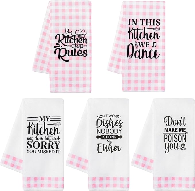 R HORSE Cute Pink Kitchen Towel Set 5Pcs Pink Check Kitchen Dishcloth Absorbent Funny Cleaning Dishcloth Bar Hand Towel Kitchen Holiday Decorations Gift for Hostess Mom Women Housewarming
