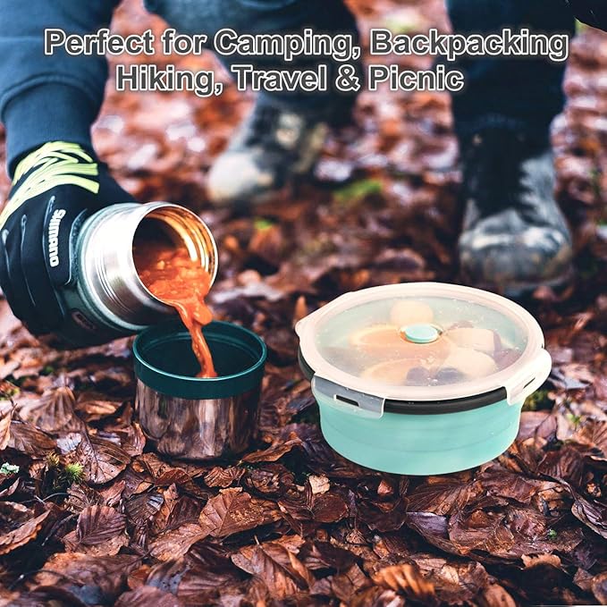 ColorCoral Collapsible Silicone Camping Bowl with Airtight Lid, Large 1200ml/42oz, Foldable Bowl for Travel, RV, Leakproof Food Storage, Microwave & Fridge Safe, Includes Stainless Steel Fork
