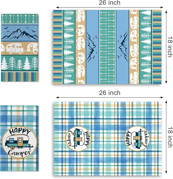 Happy Camper Kitchen Dish Towels Set of 2, Camping RV Adventure Travel Mountain Tree Drying Hand Towel Baking Cooking Cloth, Campsite Buffalo Plaid Bathroom Home Decoration 18'' x 26''